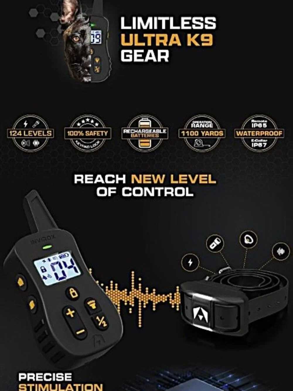 INVIROX Ultra K9 Dog Shock Collar, 124 Lvls, Night Light, IP67 Waterproof, 1 Dog